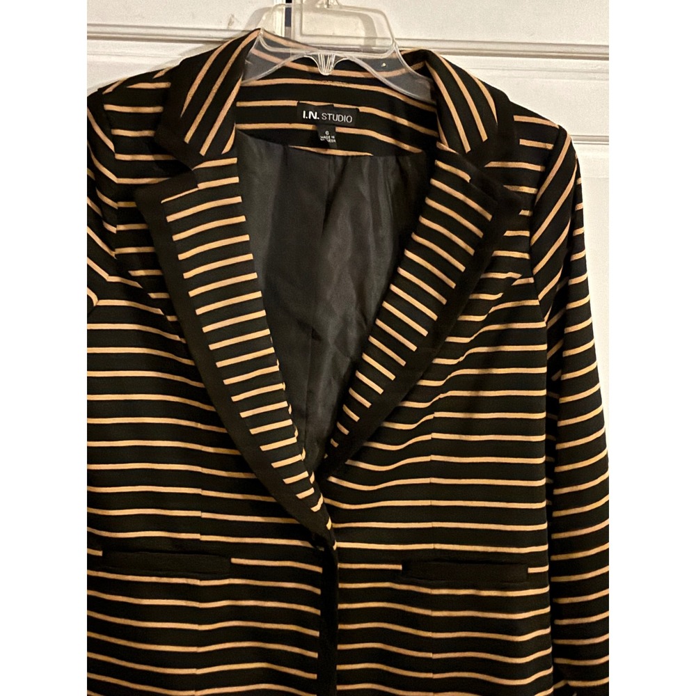 I.N. Studio Womens Black Tan Striped Ruched Sleeve Blazer Jacket Size 6 NEW